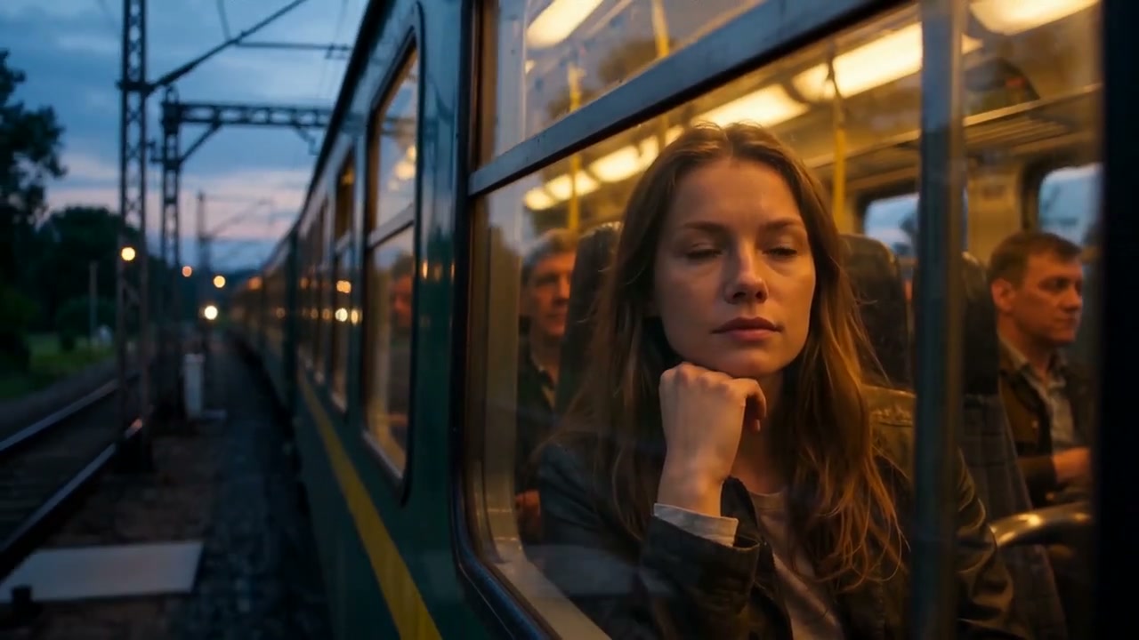 A woman leaning from a tram window at dusk in the Night to Dawn test film