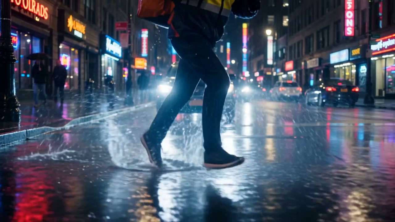 A running figure reflected on rain-soaked pavement in the Night to Dawn test film