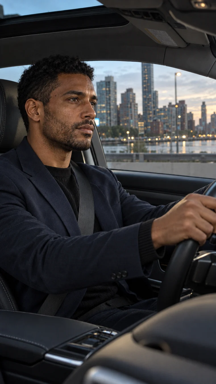 A seat-belted driver looking at the city road ahead at dusk