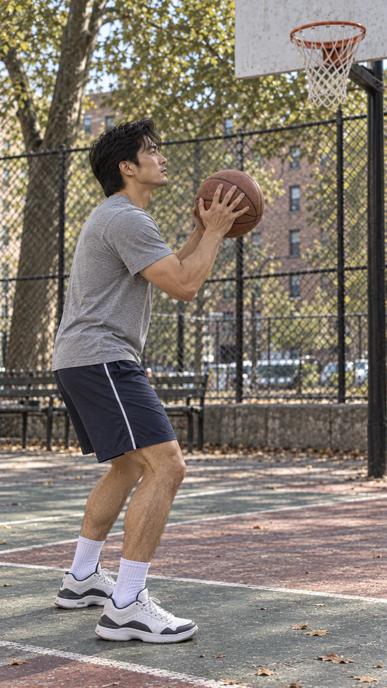 A man in casual sportswear concentrating on a basketball shot