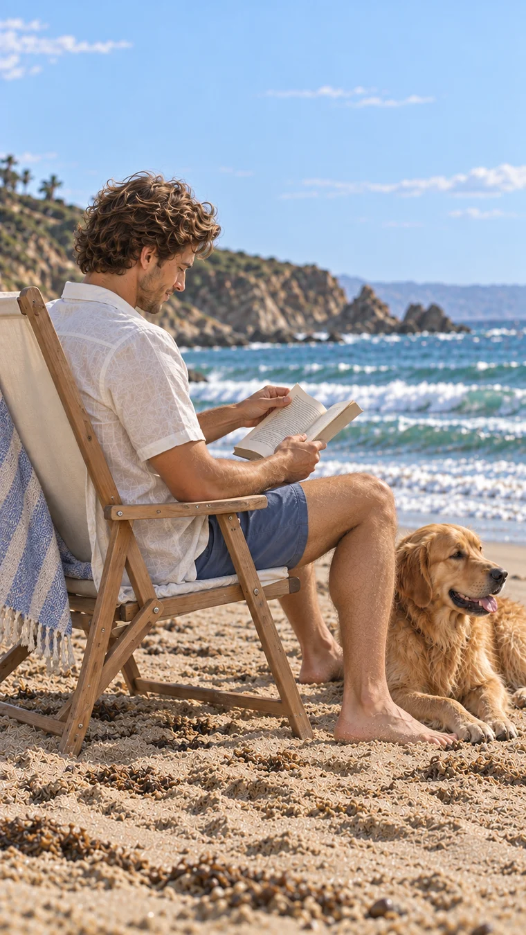 A man in beach clothes, absorbed in reading beside his resting dog