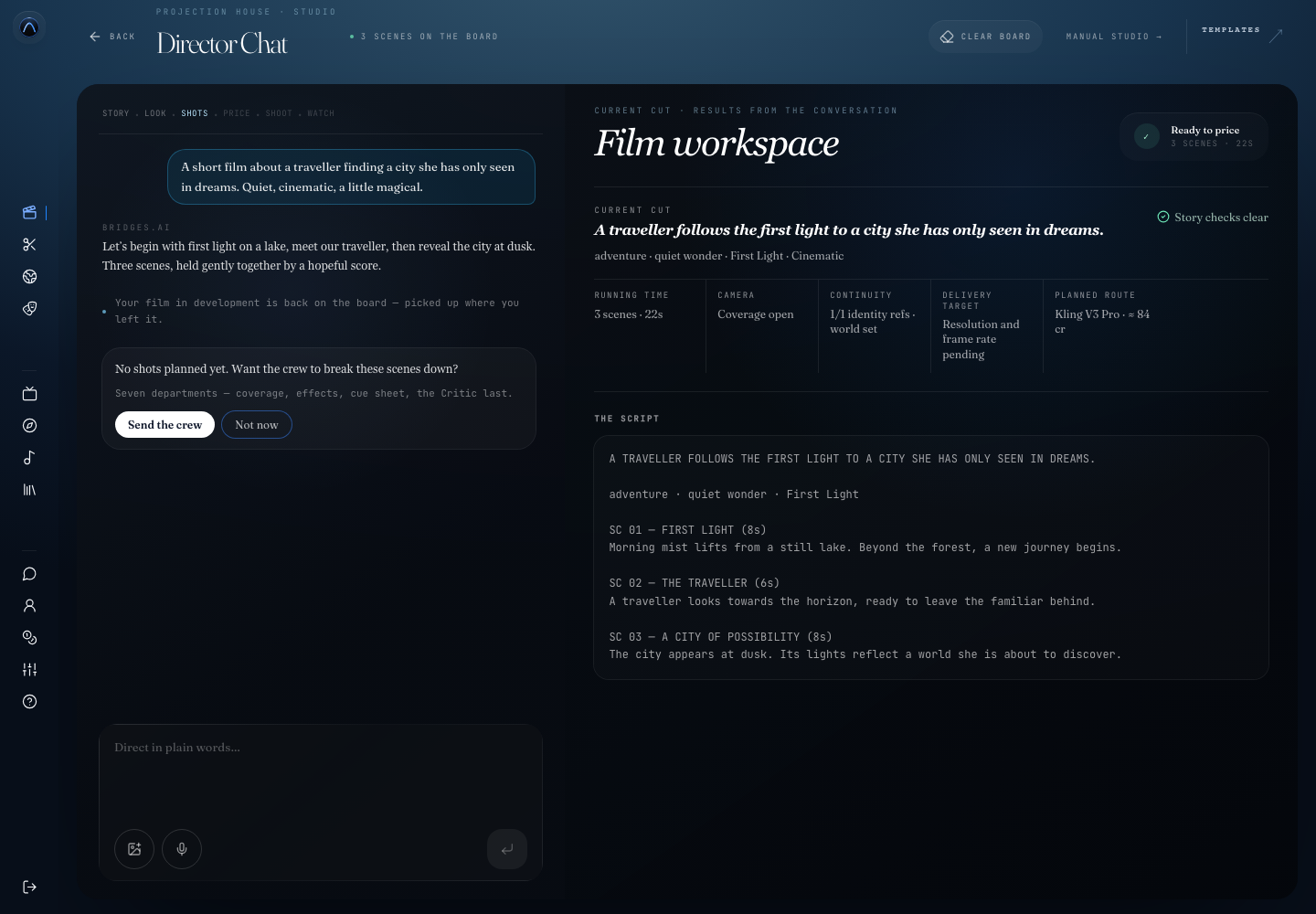 Current Bridges Agent conversation and film workspace