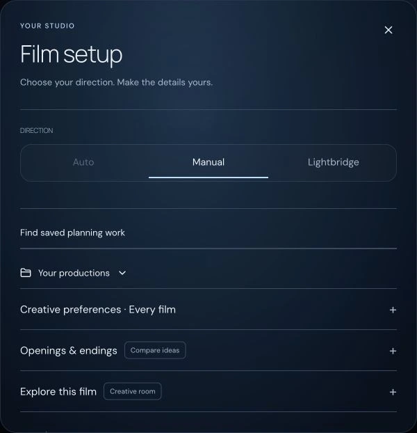 Current AI Director Film setup panel with direction modes and creative preferences