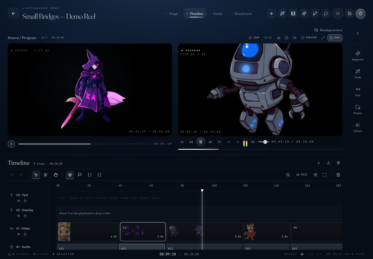 Current Small Bridges editor with an example timeline
