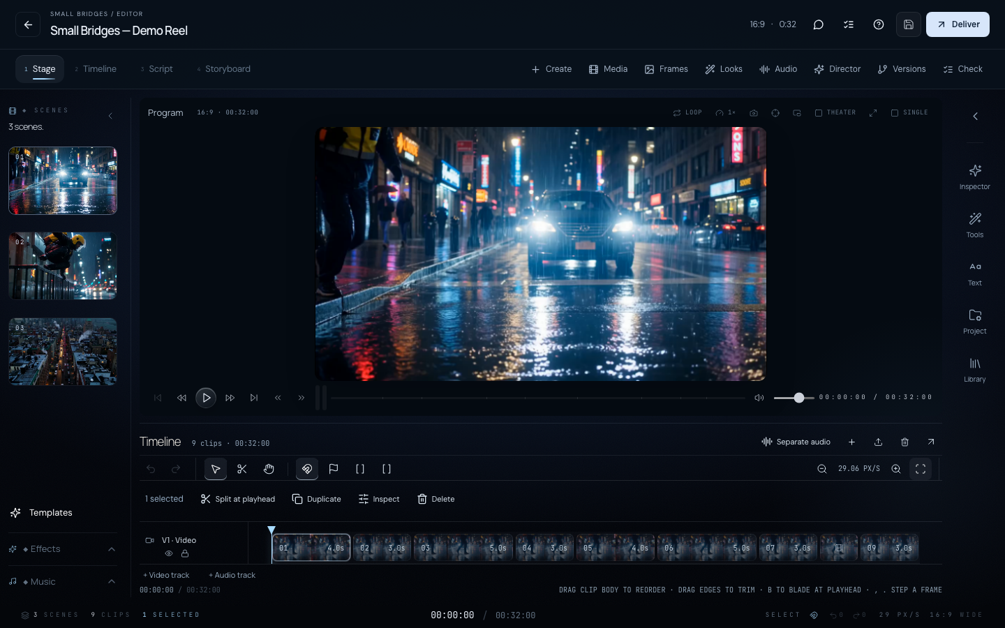 Small Bridges editor showing the Night to Dawn film, scenes and nine-clip timeline