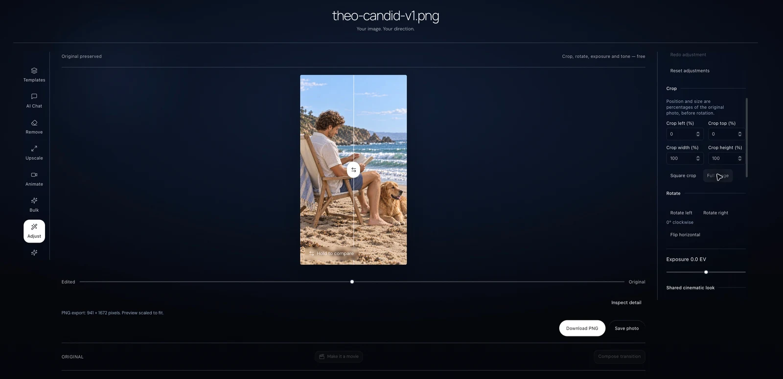 Current Photo Studio with crop, compare and image adjustment controls