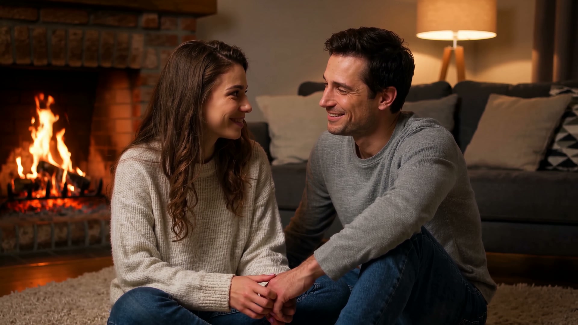 Two people sharing a quiet moment beside a fire