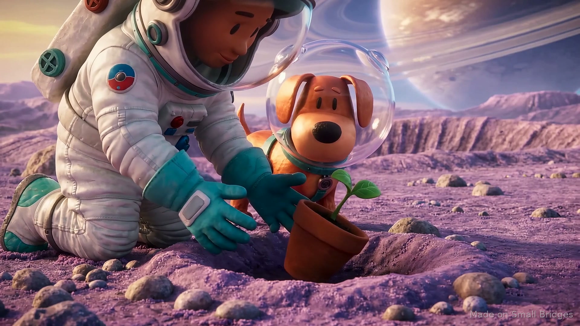 An astronaut and a dog planting a seedling on an imagined planet